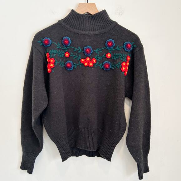 Albee Sweaters - Albee Vintage Knitted Flower Turtleneck Sweater Gray Size M